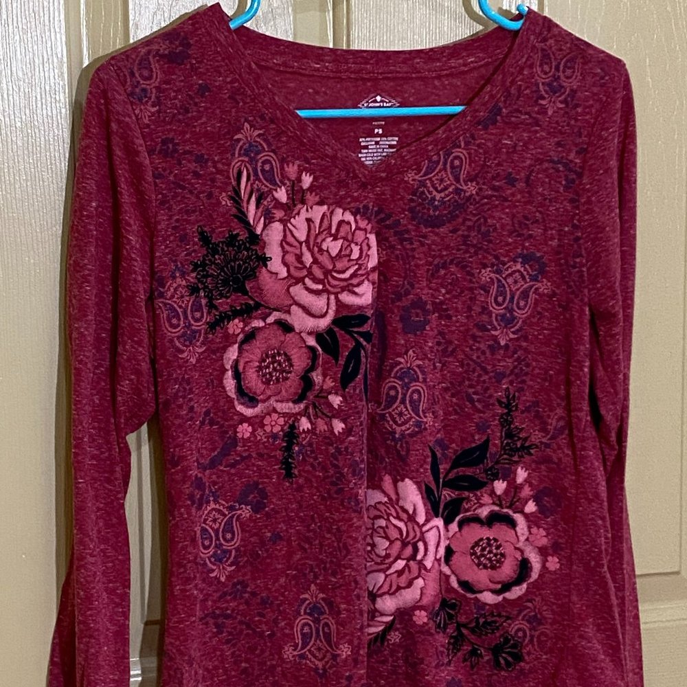 St John's Bay petite small red embordered long-sleeve tee